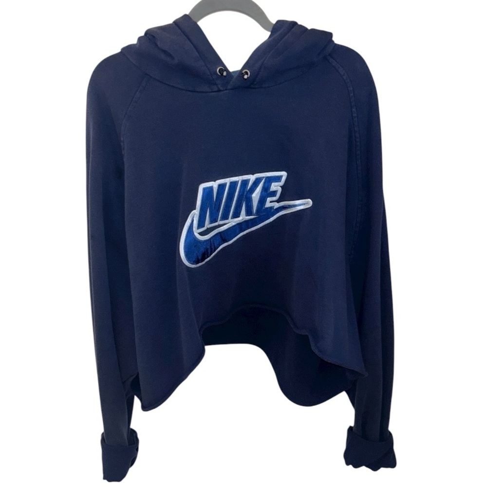 Vintage Nike Spellout Cropped Hoodie, Navy, Sz. 5XL